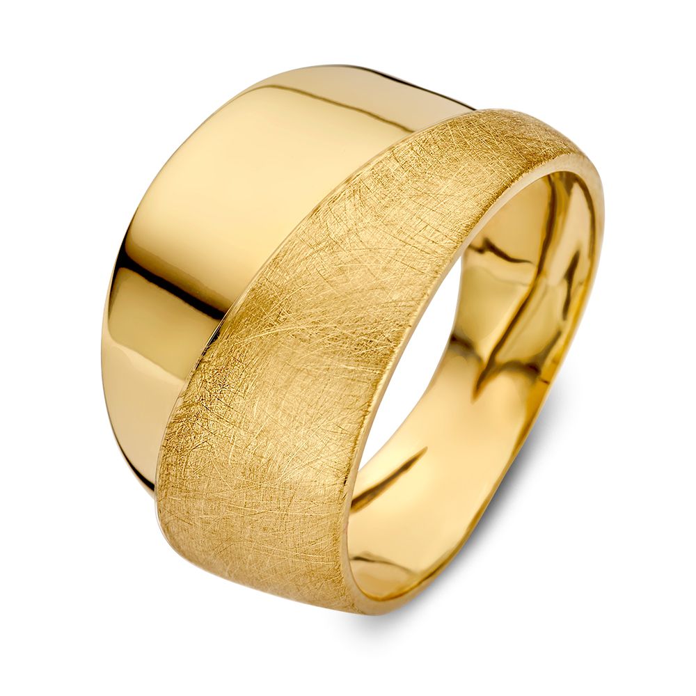 Bague en or jaune 14 carats avec des bandes contrastées, finition lisse et mate.