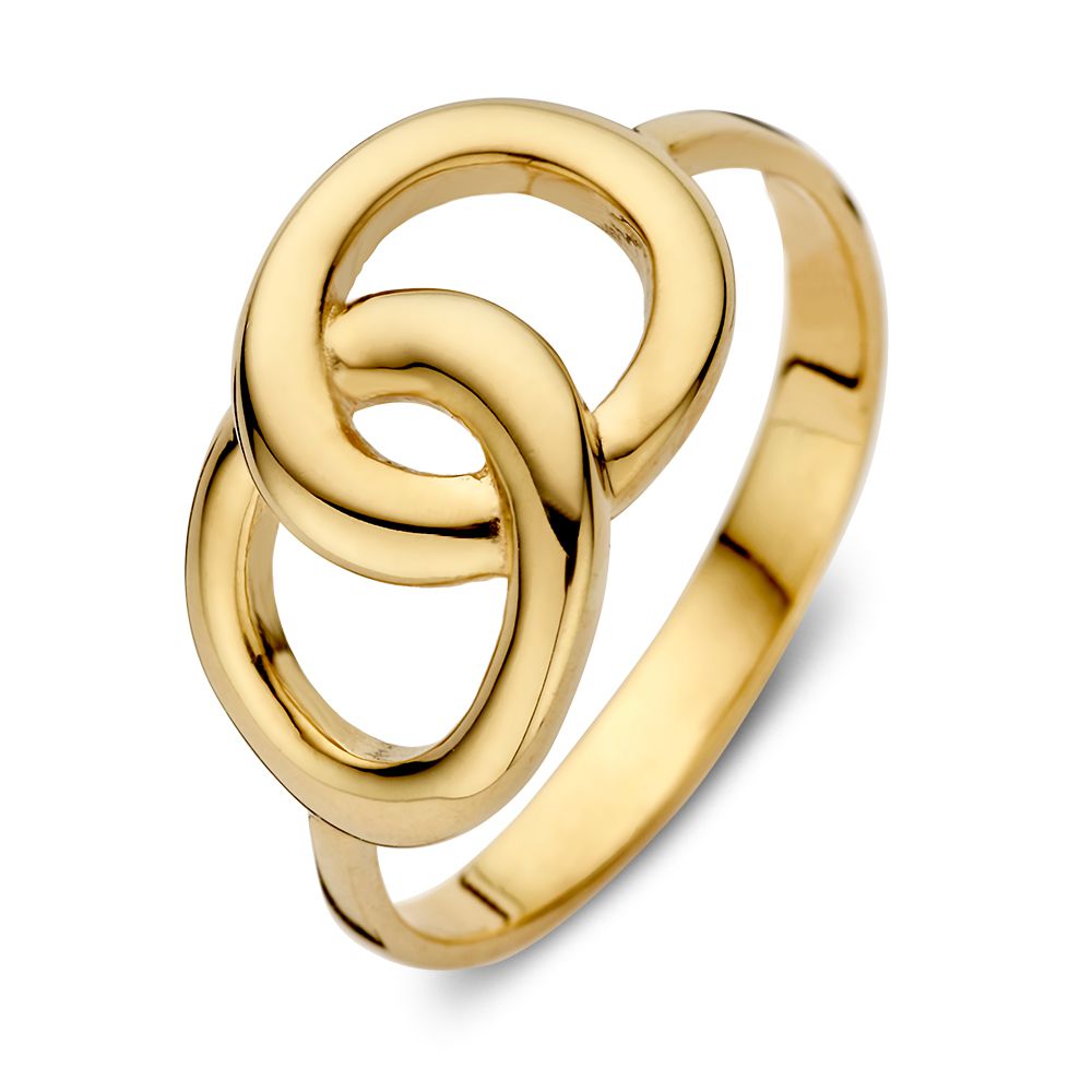Bague en or jaune 14 carats avec des maillons entrelacés, style minimaliste élégant.