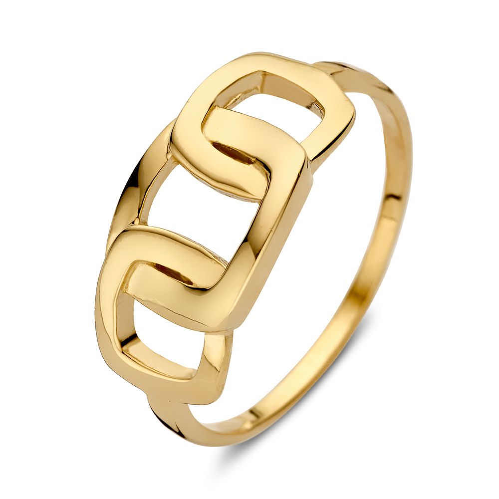 Bague en or jaune 14 carats avec des maillons carrés au design moderne.