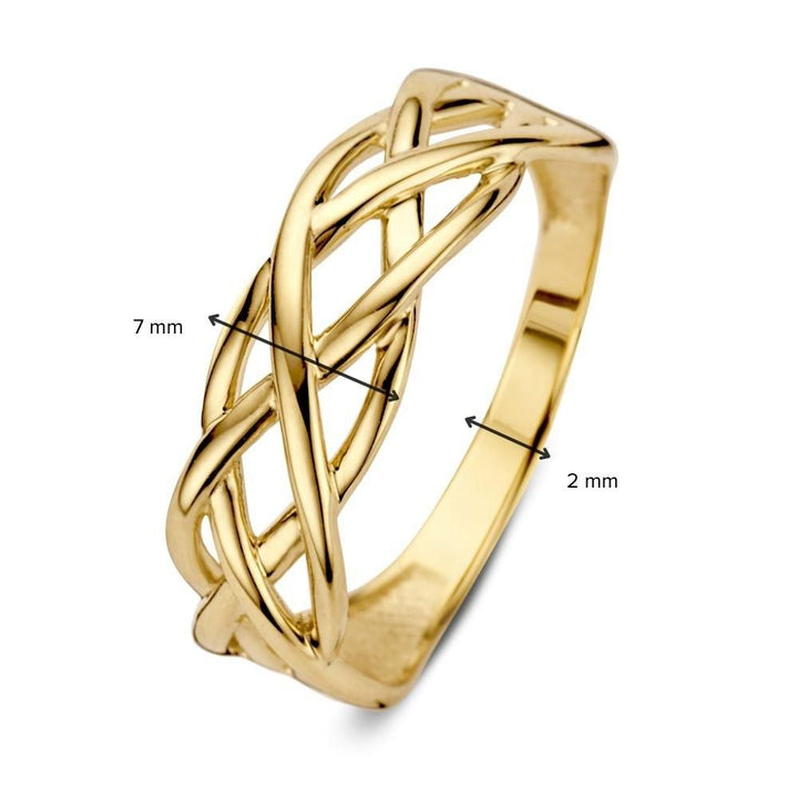 De Geelgouden Damesring - Eenvoudig maar Elegant in 14 Karaat Goud van Excellent Jewelry heeft een tijdloos, verfijnd ontwerp met een bandbreedte van 7 mm op het breedste en 2 mm op het smalste punt.