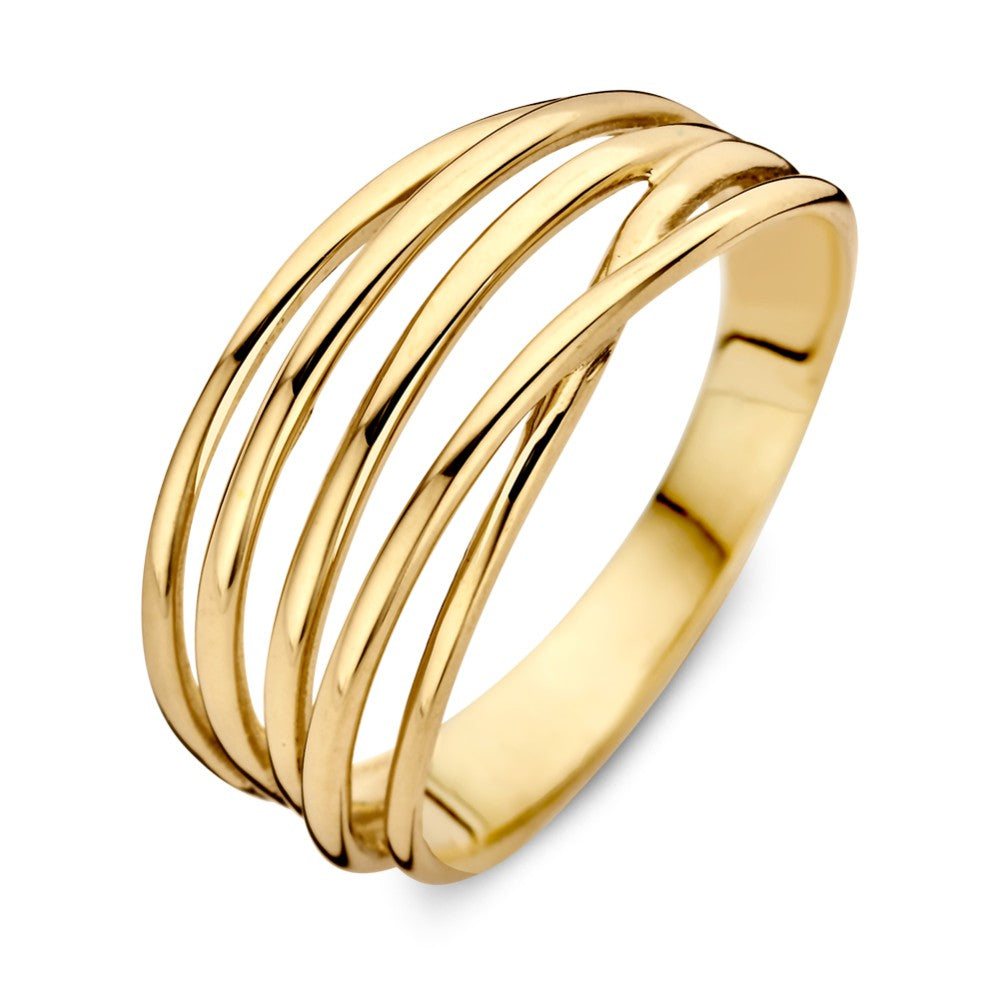 Bague en or jaune 14 carats avec un design de bandes superposées.