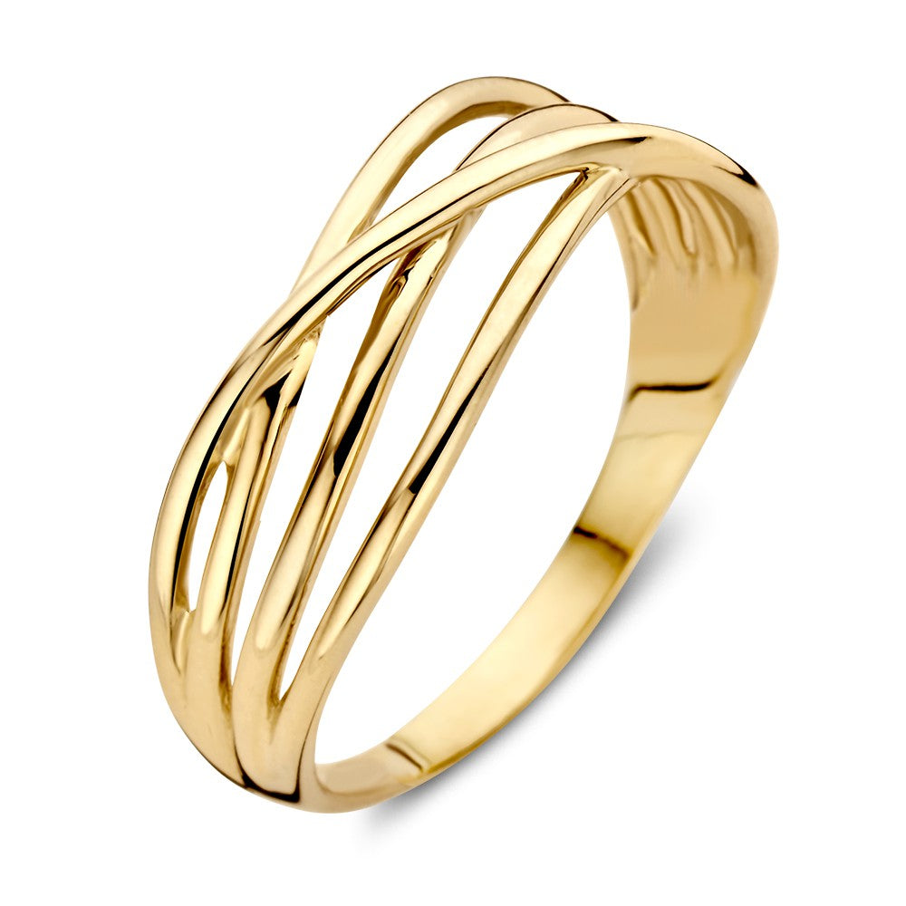 Bague en or jaune de 14 carats, design intemporel avec des lignes entrelacées, largeur de 7,7 mm.