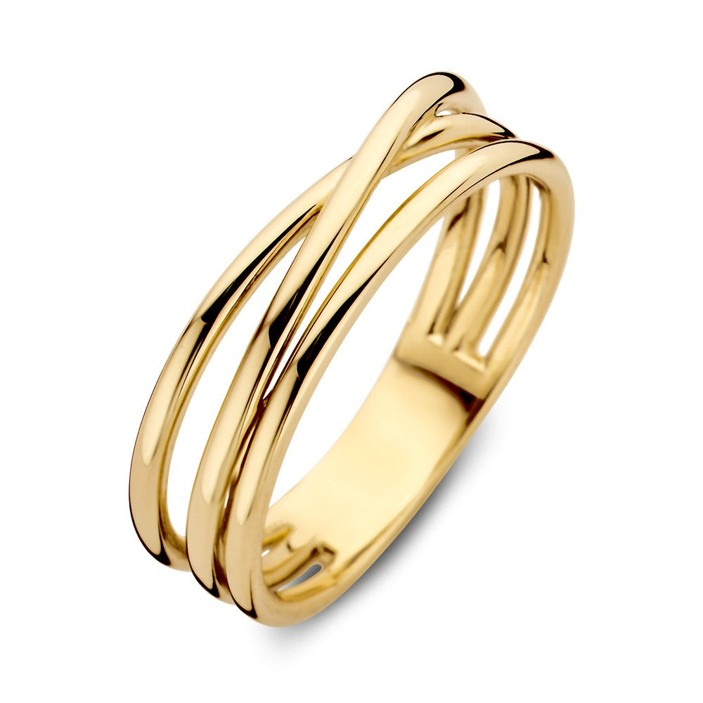 Bague en or jaune avec trois bandes entrelacées, largeur de 5,6 mm.