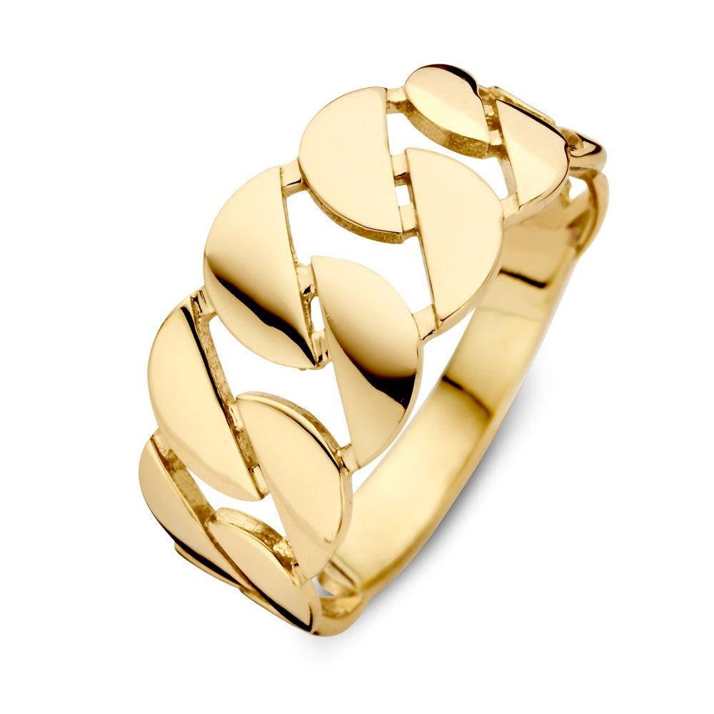 Bague en or jaune 14 carats, large de 9,4 mm, avec des maillons plats et brillants.