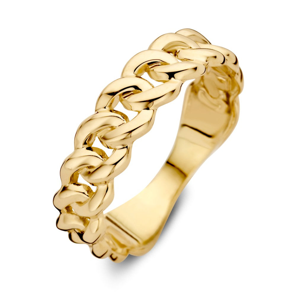 Bague en or jaune, large de 5,3 mm, avec un motif de maillons.