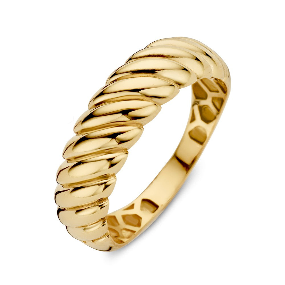 Bague en or jaune large avec bande torsadée, 6 mm de large.