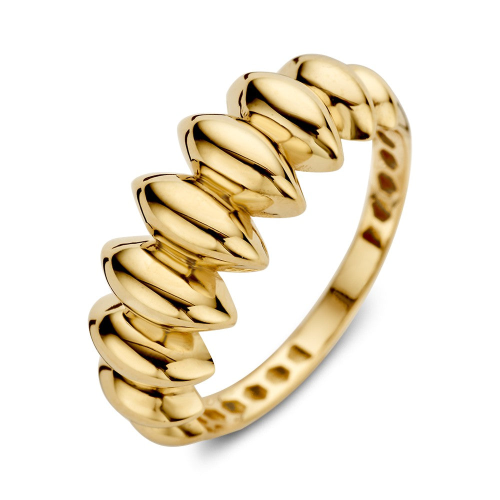 Bague en or jaune large avec un design ludique, 14 carats, 8 mm de large.
