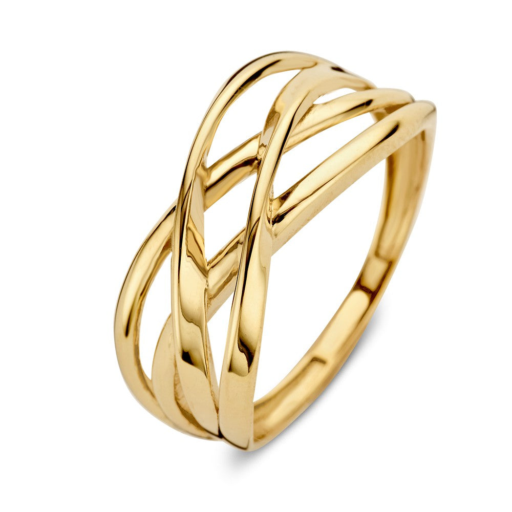 Bague en or jaune avec des bandes croisées, largeur de 9 mm.