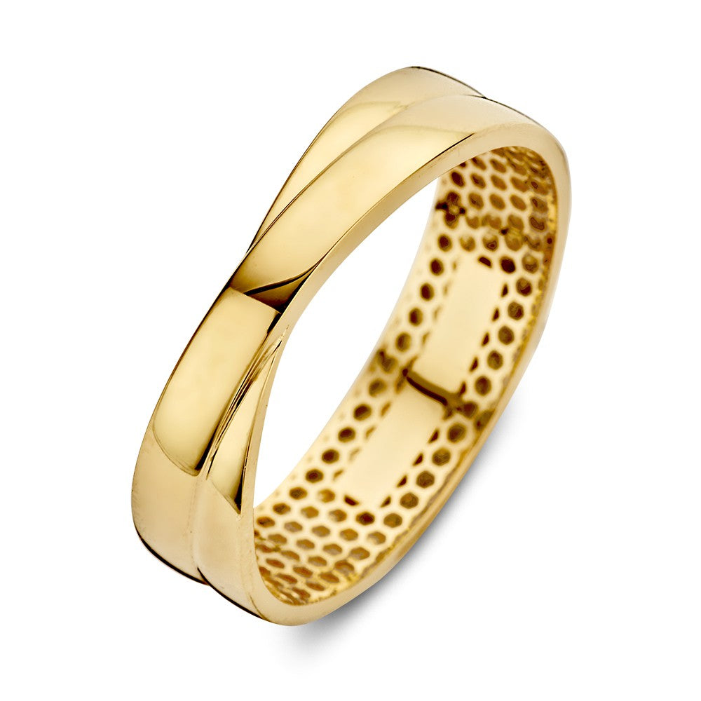 Bague en or jaune avec bande croisée, 14 kt, 5 mm de large.