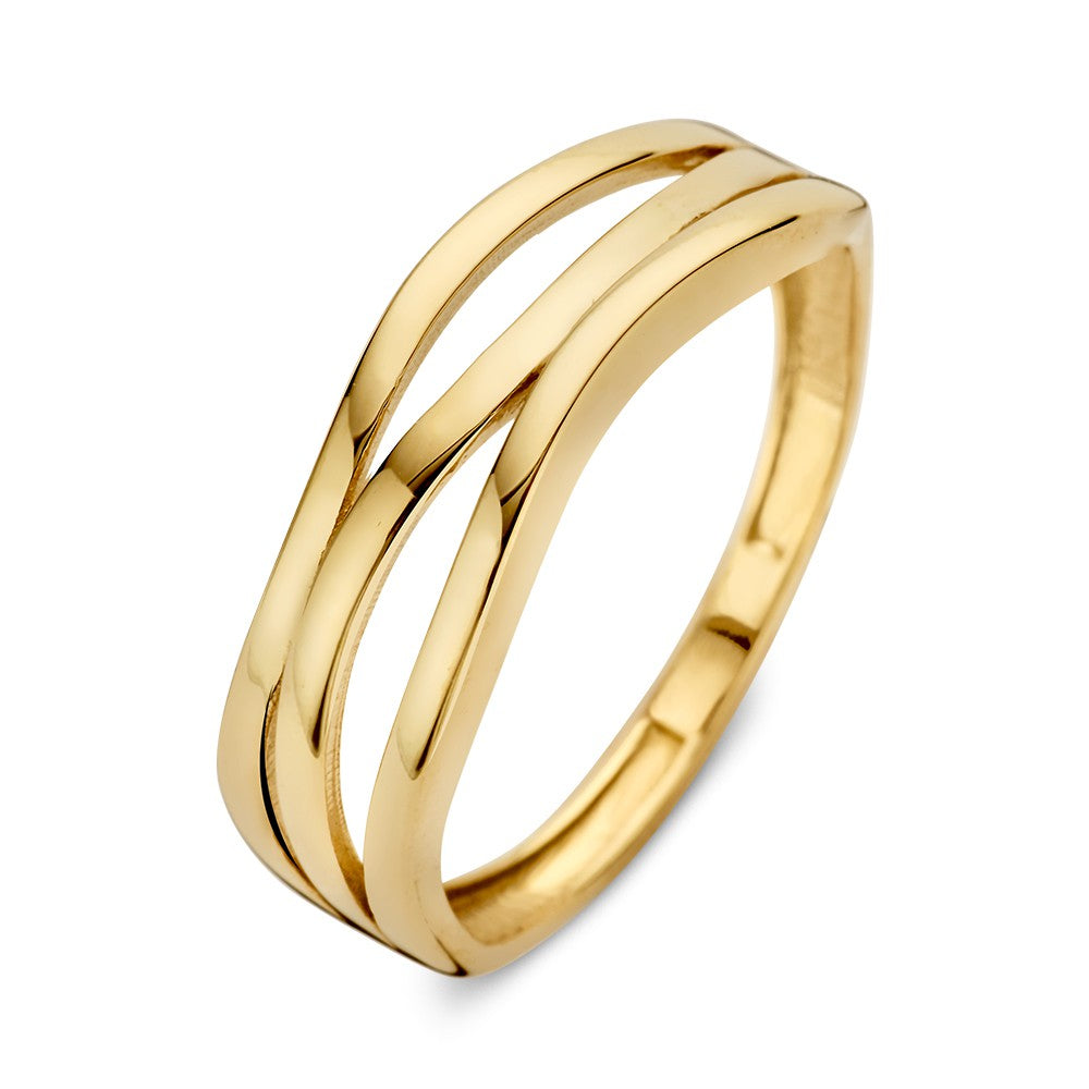 Bague en or jaune, 14 carats, 6 mm de large, avec un design croisé.
