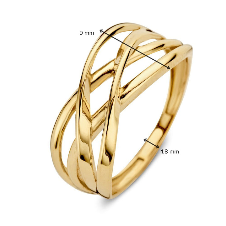 De Geelgouden Ring met Gekruiste Banen van Excellent Jewelry is gemaakt van 14kt goud, weegt 2,4 gram en heeft een breedte van 9 mm.