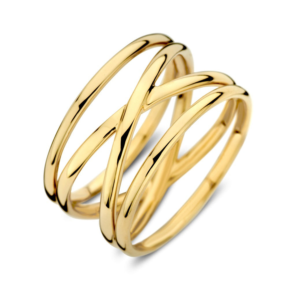 Bague en or jaune avec plusieurs bandes dorées, design moderne et élégant.