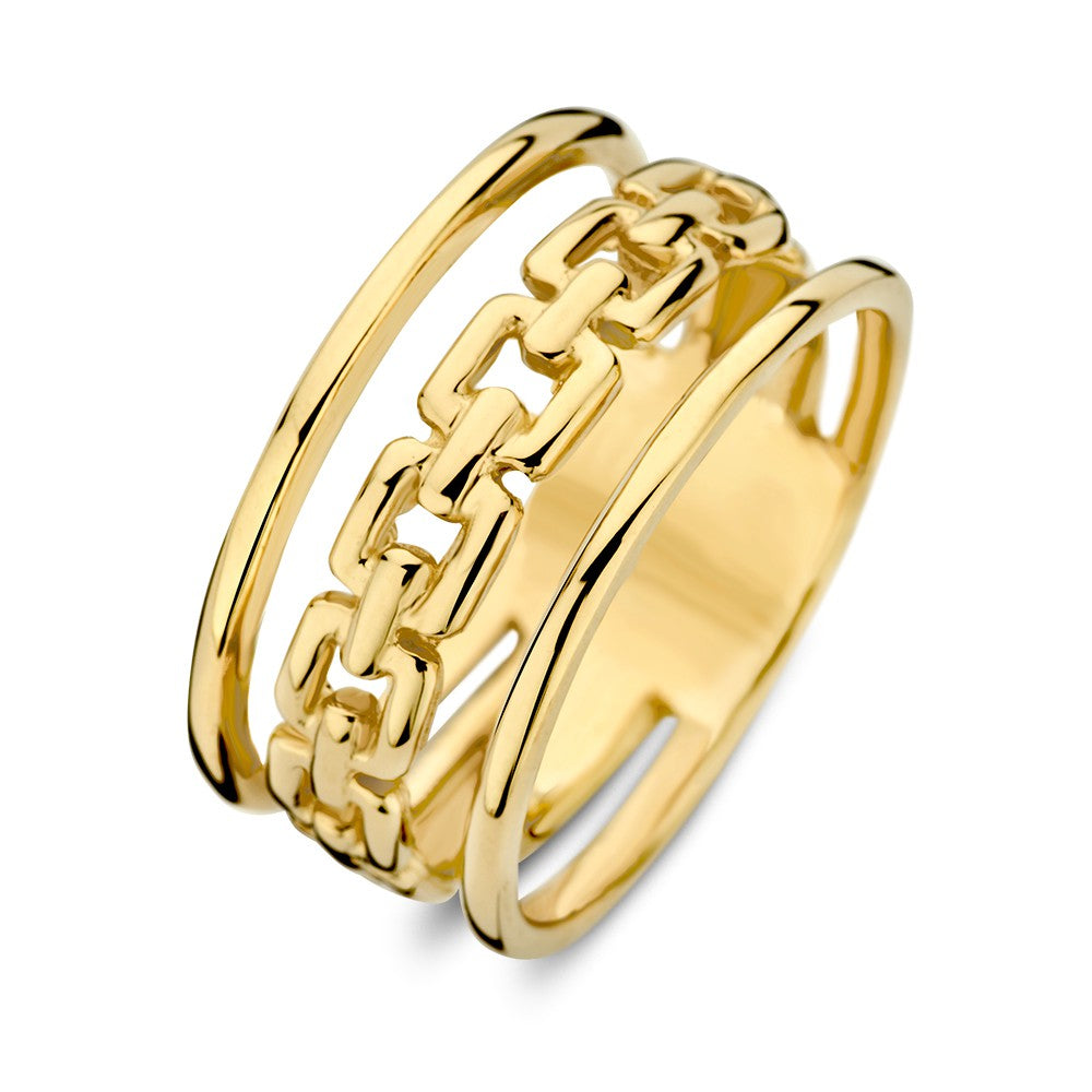 Bague en or jaune avec une chaîne stylisée et des anneaux lisses.
