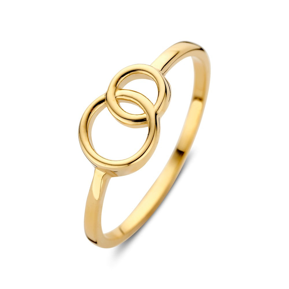 Bague en or jaune avec deux cercles entrelacés, largeur de 7,2 mm.