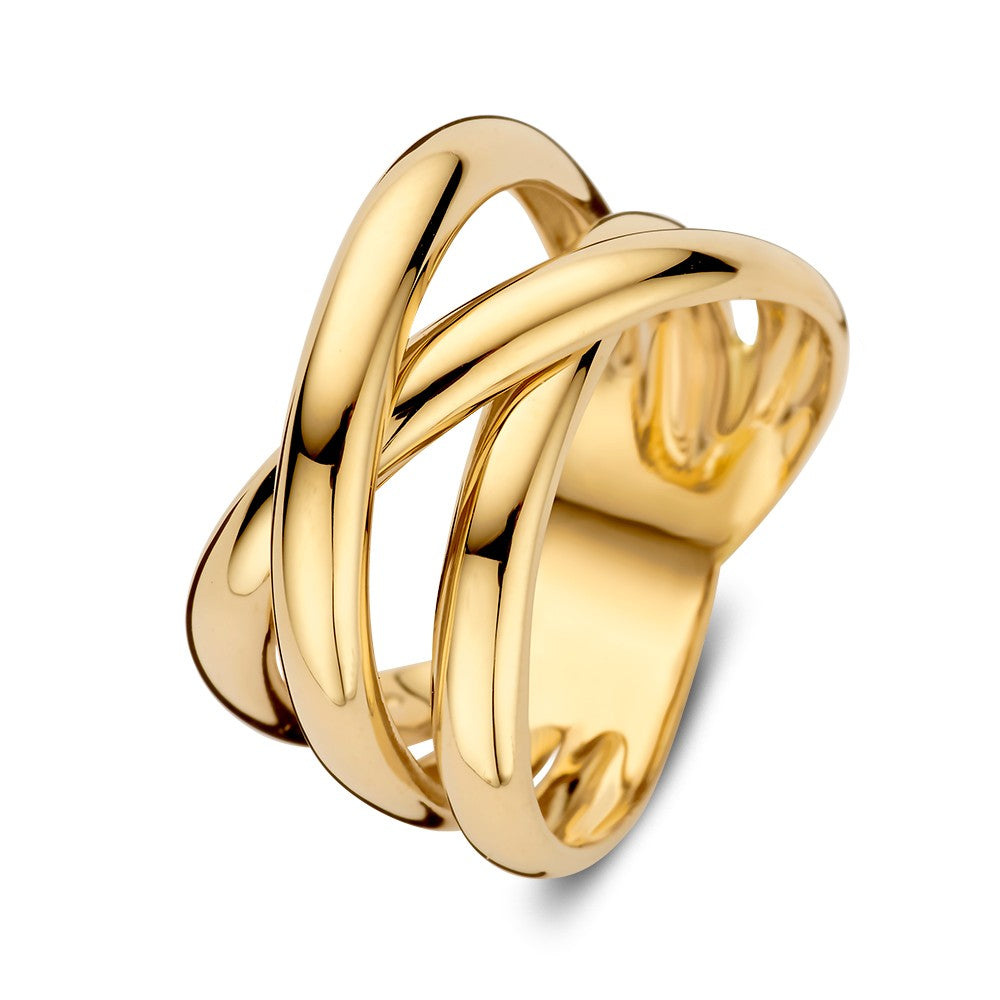 Bague en or jaune 14 carats avec un design croisé et des bandes lisses.