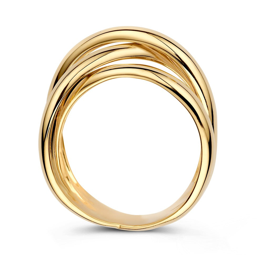 Bague en or jaune Cross-Over – 14 carats avec grand aspect et bandes lisses