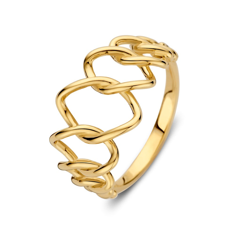 Bague en or jaune 14 carats au design ouvert, large de 12 mm, pesant 2,7 grammes.