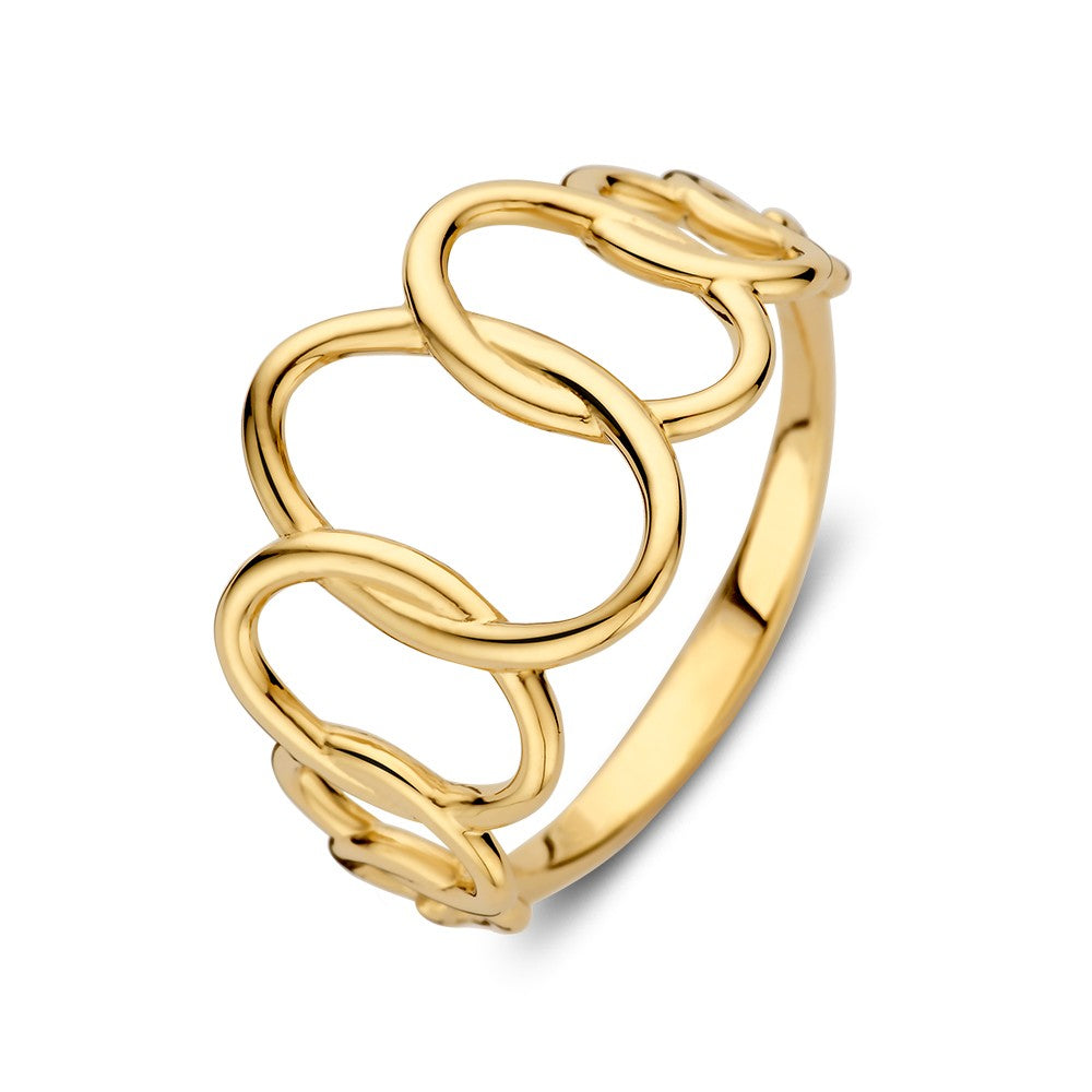 Bague en or jaune 14 carats avec un design ouvert, large de 14 mm.