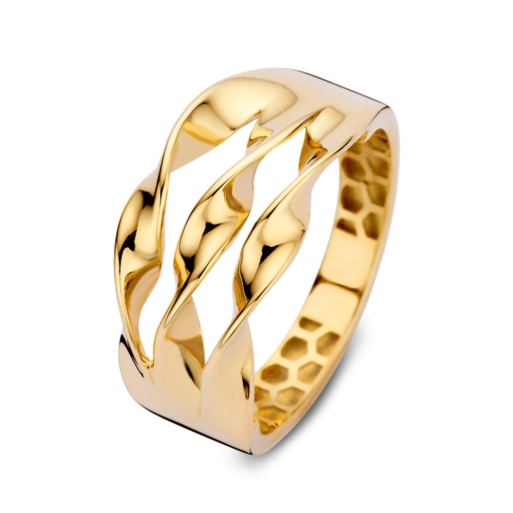 Bague large en or jaune avec trois bandes dorées, au design élégant et moderne.