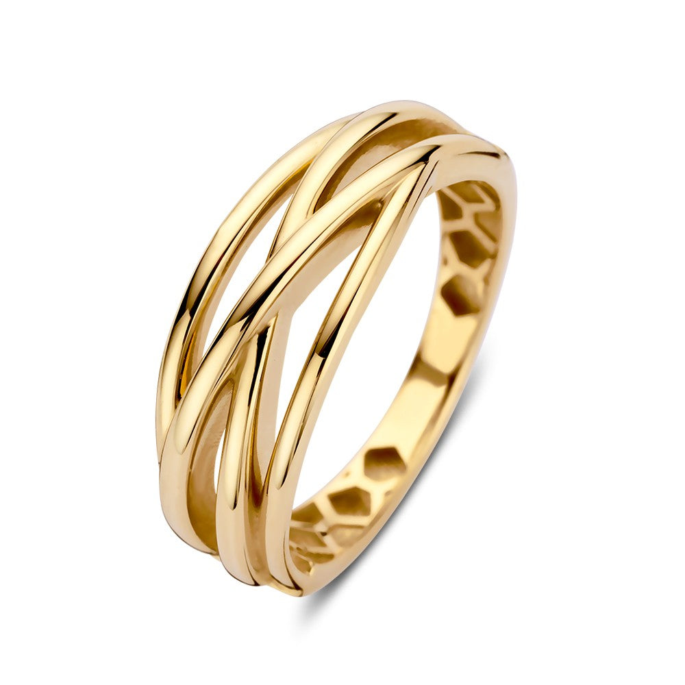 Bague en or avec quatre bandes entrelacées, finition lisse et brillante.