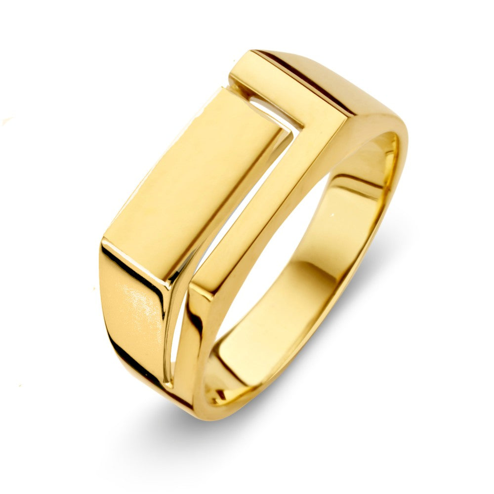 Bague en or jaune moderne avec un design ludique et des lignes épurées.