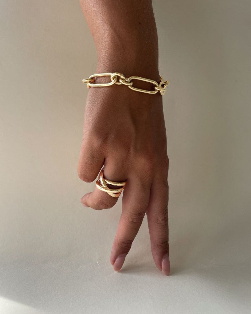 Bague en or jaune Cross-Over – 14 carats avec grand aspect et bandes lisses