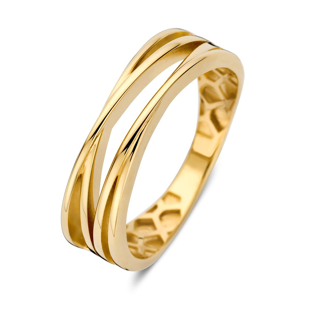 Bague en or jaune avec un design entrelacé et une finition brillante.