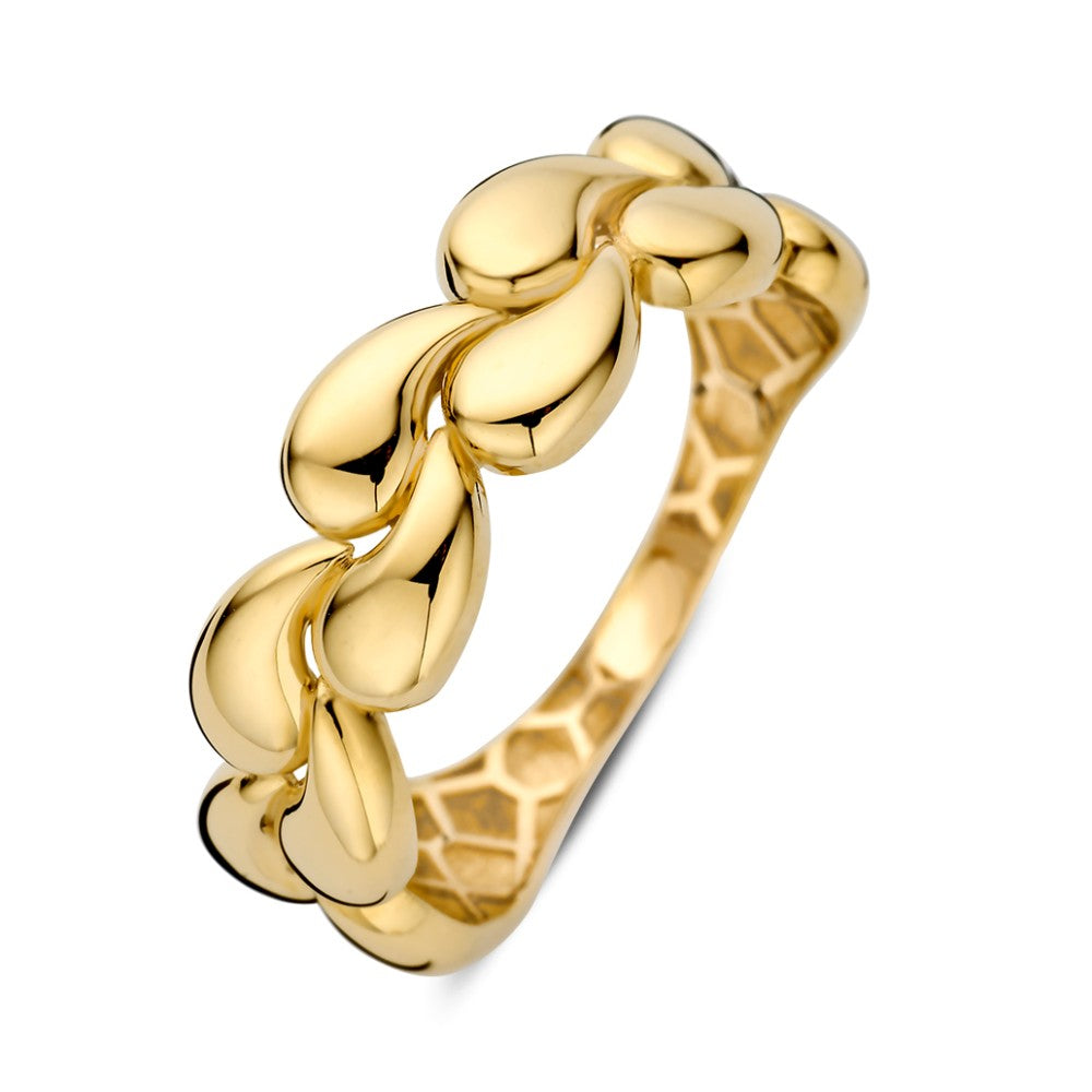 Bague en or jaune avec un design en forme de feuilles entrelacées.