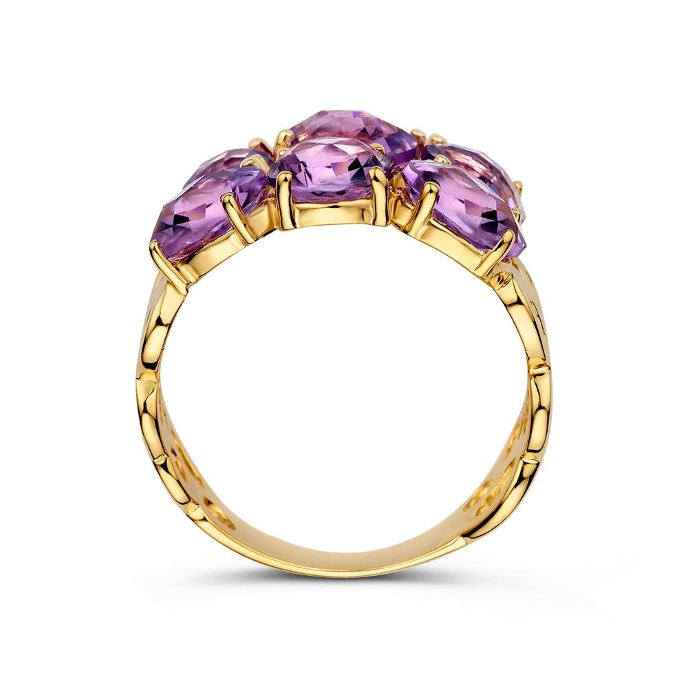 Bague en Or Jaune Unique avec Motif Organique et Améthystes Violettes