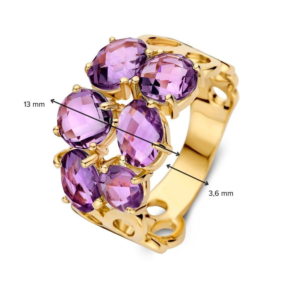 Bague en Or Jaune Unique avec Motif Organique et Améthystes Violettes