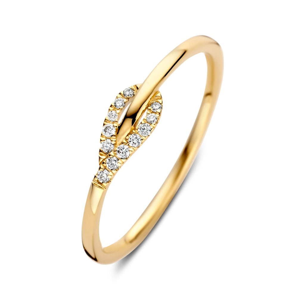 Bague en or jaune avec des brillants de 0,06 ct, design délicat en forme de feuille.