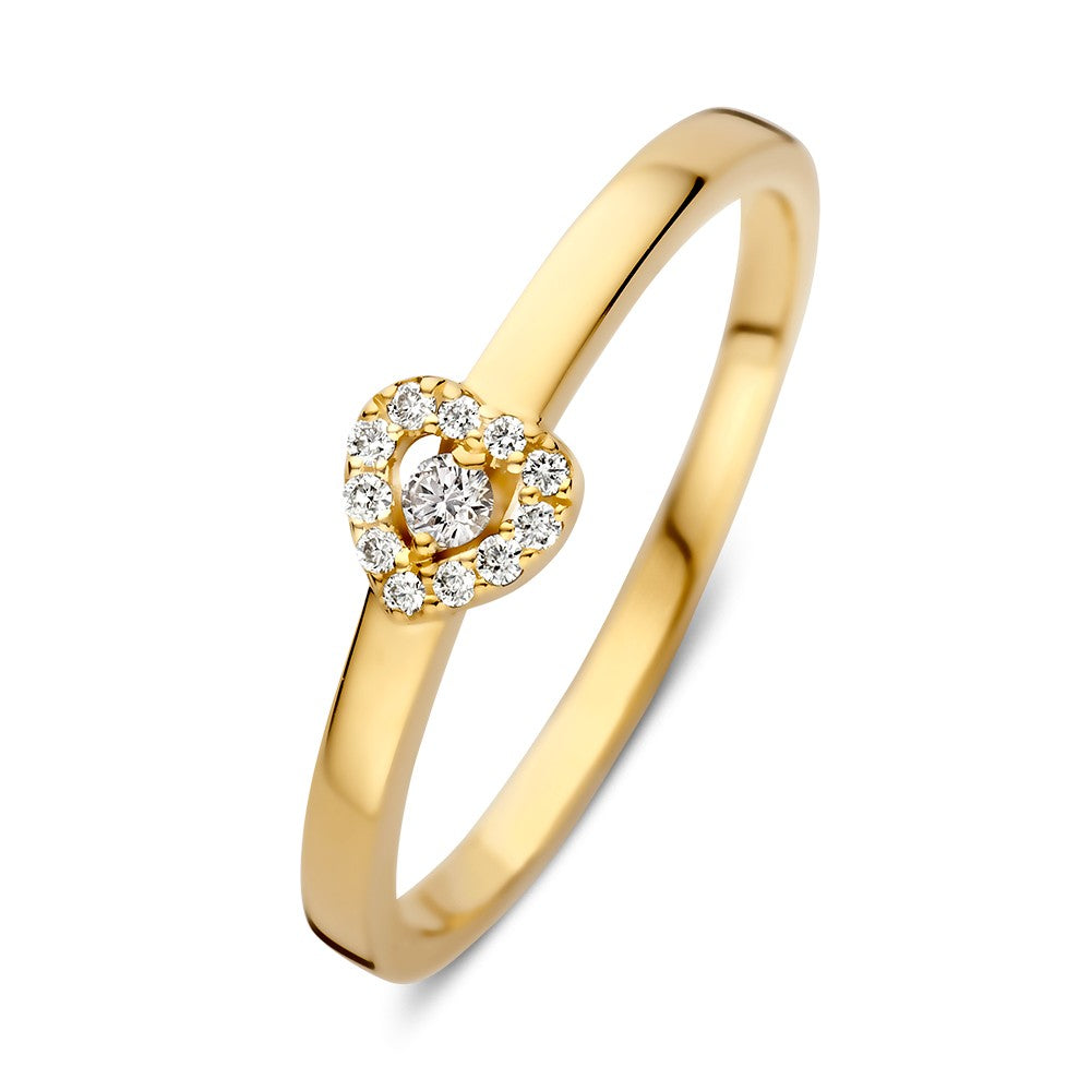 Bague en or jaune stylisée avec un diamant central et des pierres scintillantes en forme de cœur.