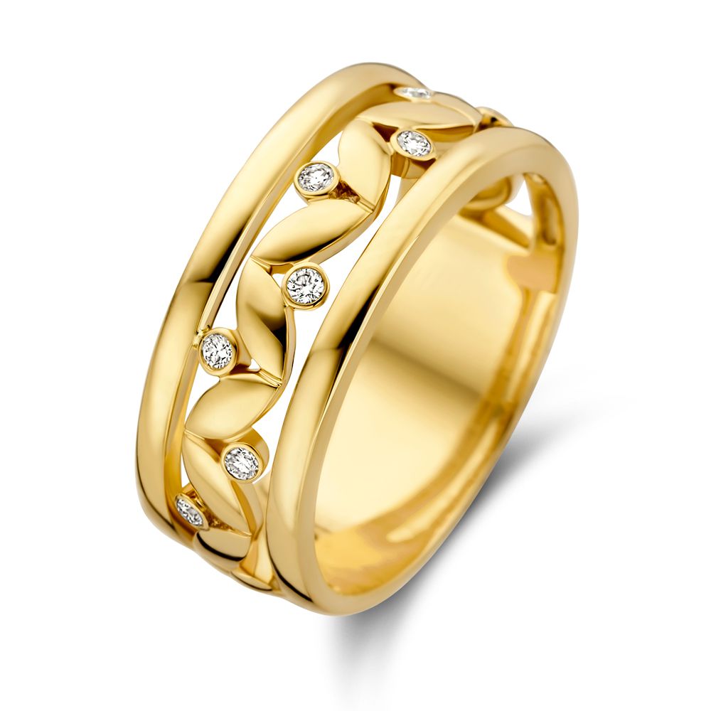 Bague en or jaune avec design de feuilles et diamants, 0,09 ct.