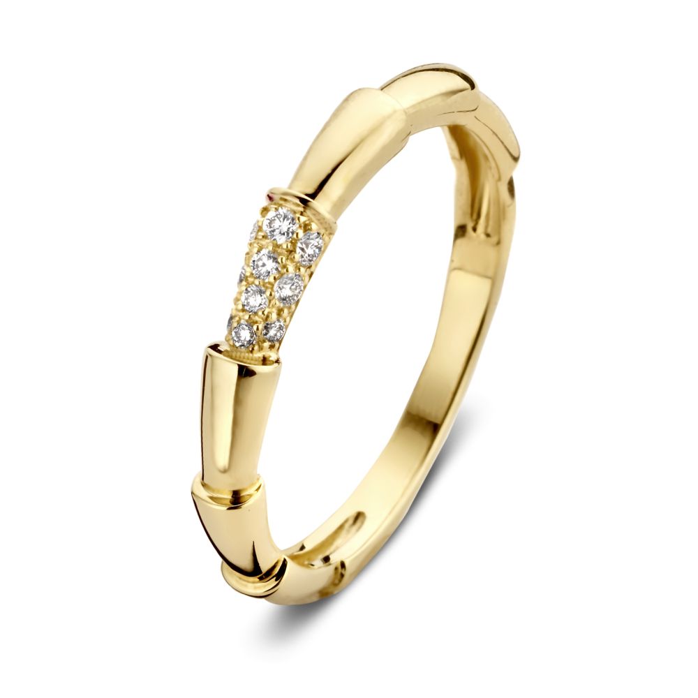 Bague en or jaune élégante avec design en bambou et diamants, 0,09 crt.