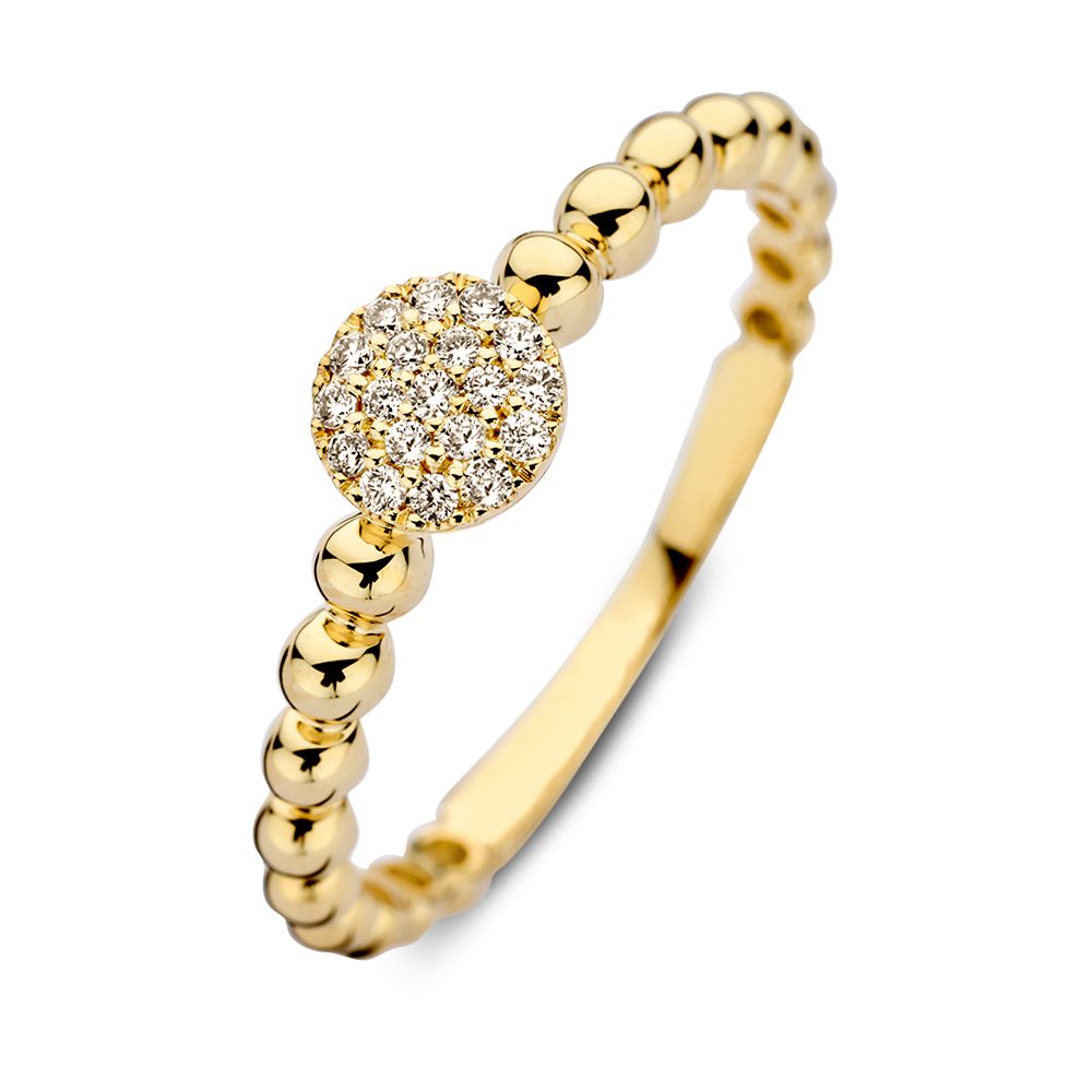 Bague en or jaune avec un motif de petites billes et un centre en diamant de 0,09 crt.
