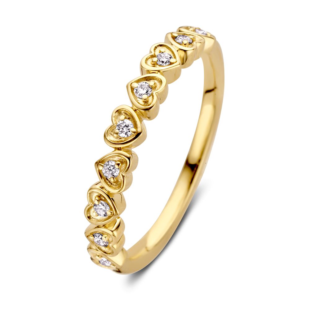 Bague en or jaune délicate ornée de cœurs et de diamants de 0,12 ct.