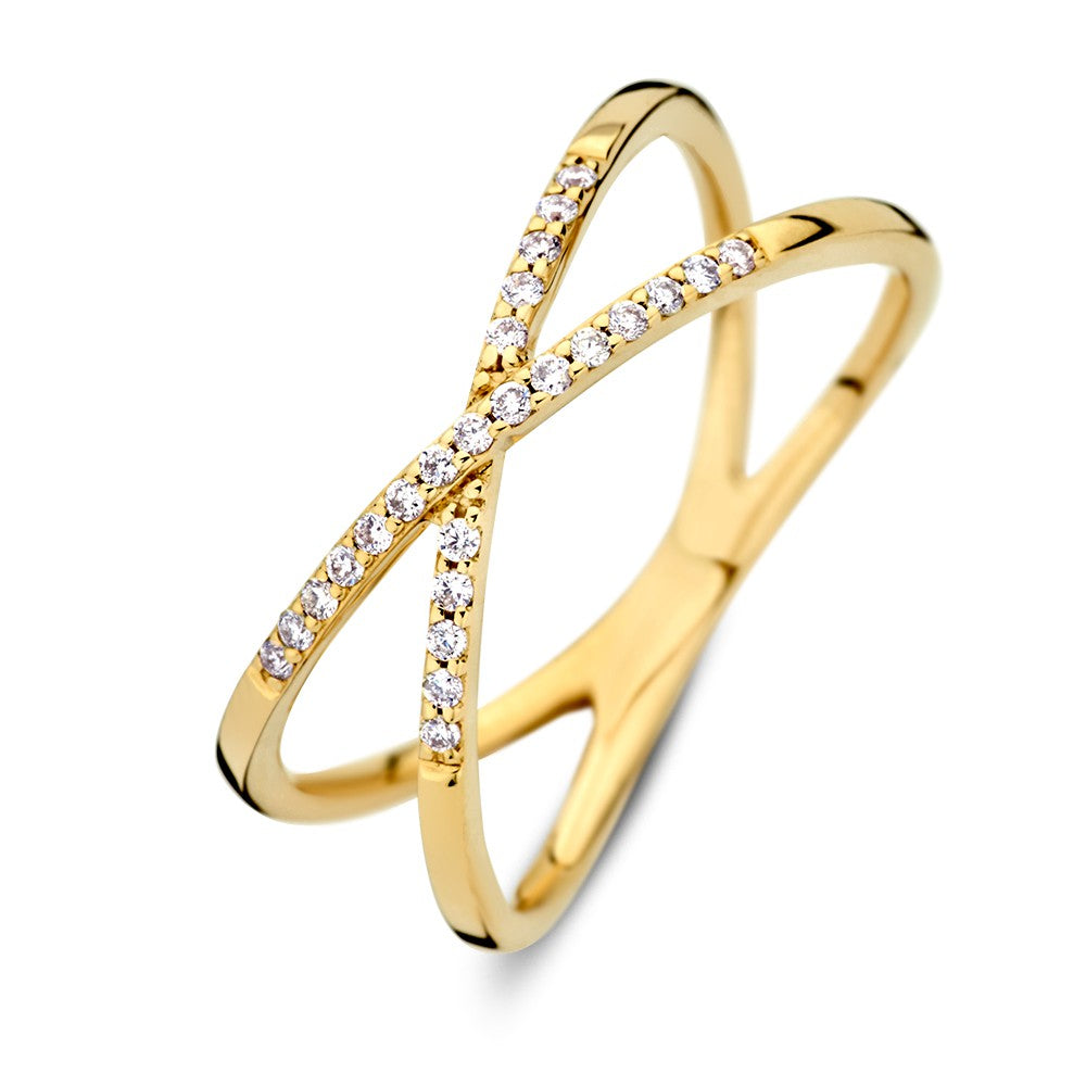 Bague en or jaune 14 carats avec des bandes croisées et des diamants.