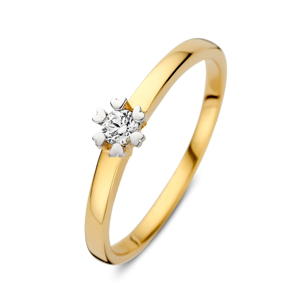 Bague en or jaune avec une monture en forme de cœur et un diamant brillant de 0,12 ct.