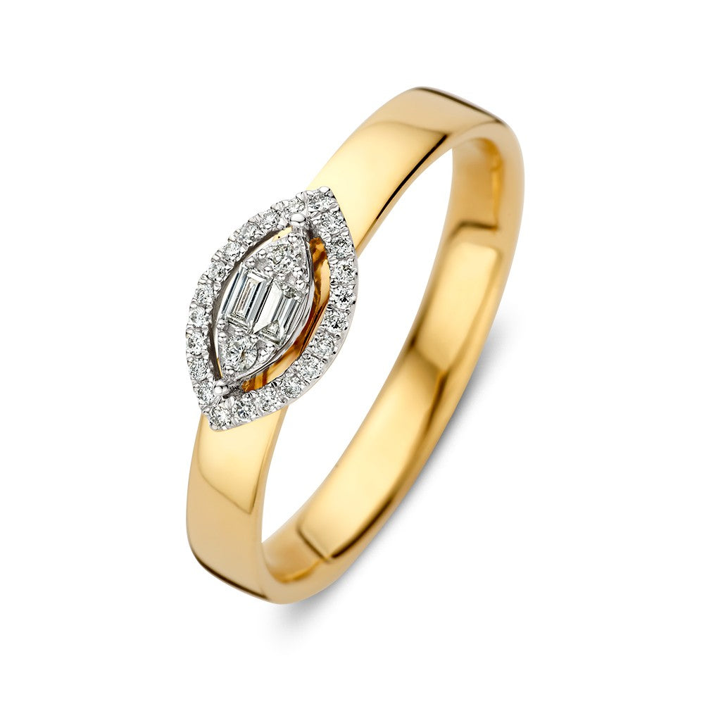 Bague en or jaune avec entourage marquise et diamants de 0,12 ct.