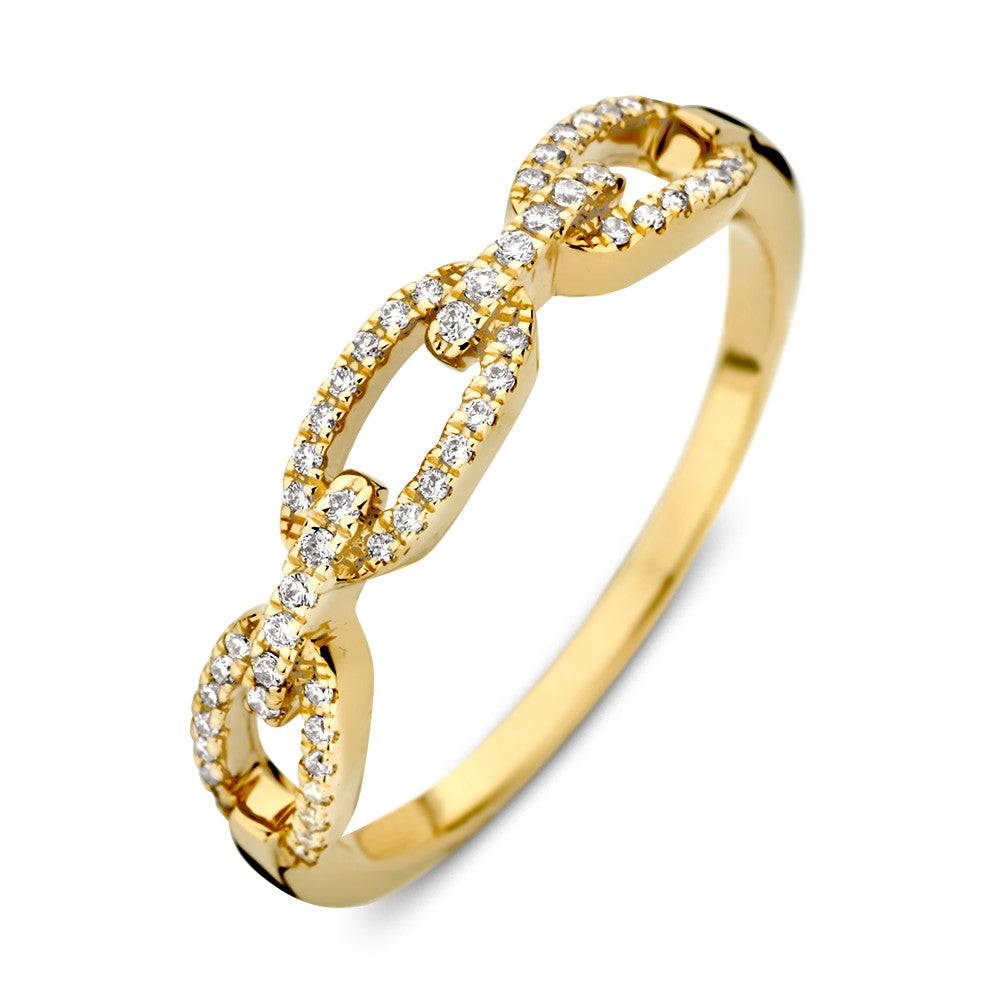 Bague en or jaune avec motif de maillons et diamants, finition brillante.
