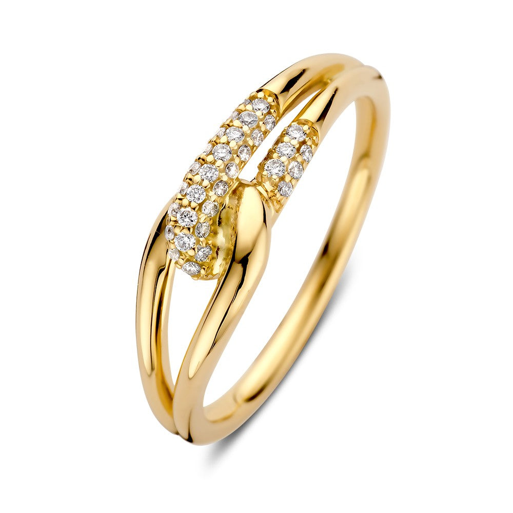 Bague en or jaune avec des brillants de 0,14 ct, design entrelacé.