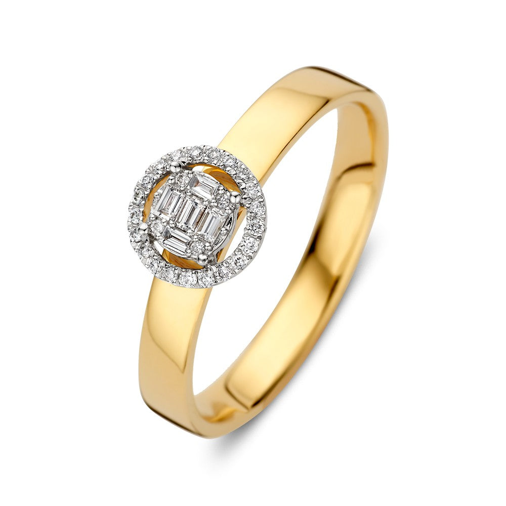 Bague en or jaune avec diamants brillants et baguette en sertissage invisible, 0,17 crt.