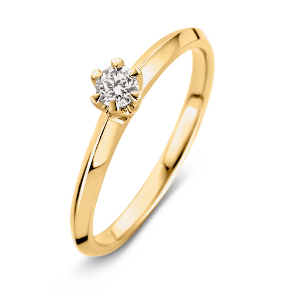 Bague en or jaune élégante avec sertissage Tiffany et diamant de 0,19 ct.