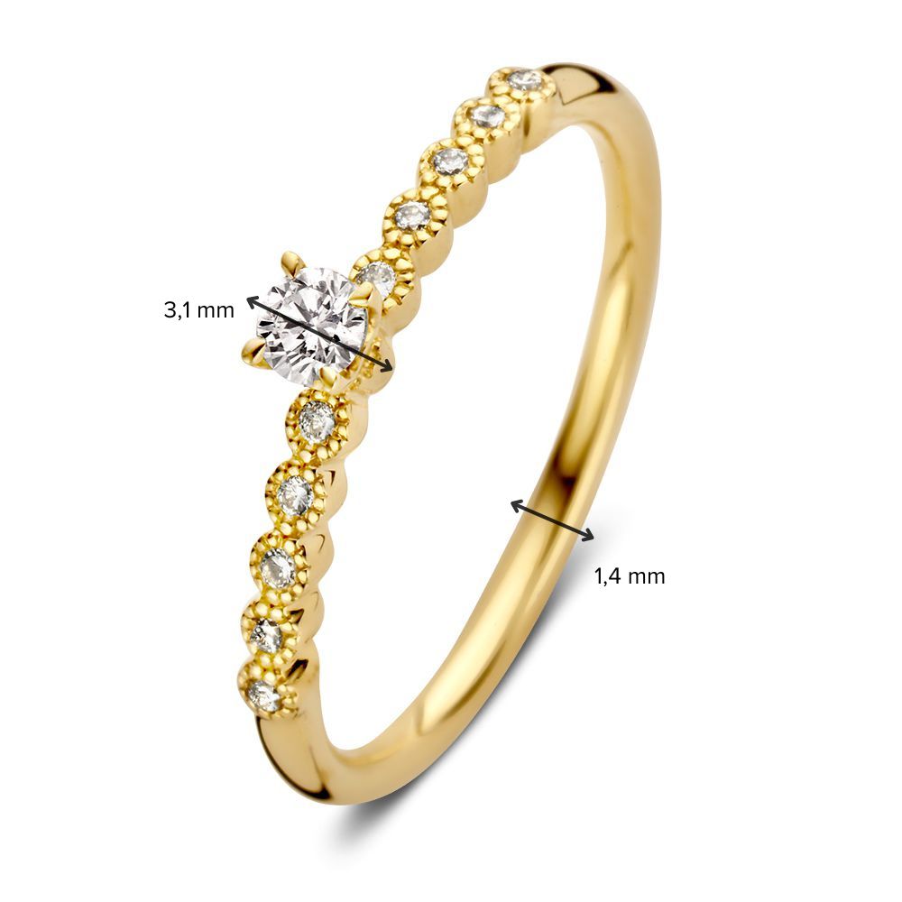 Bague Solitaire Vintage en Or Jaune avec Pierres Précieuses Latérales – 14 Carats, 0,19 ct Diamant Brillant, Qualité H/SI-1
