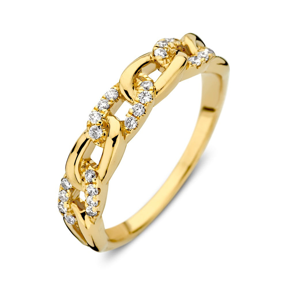 Bague en or jaune avec trois diamants, design en maillons.