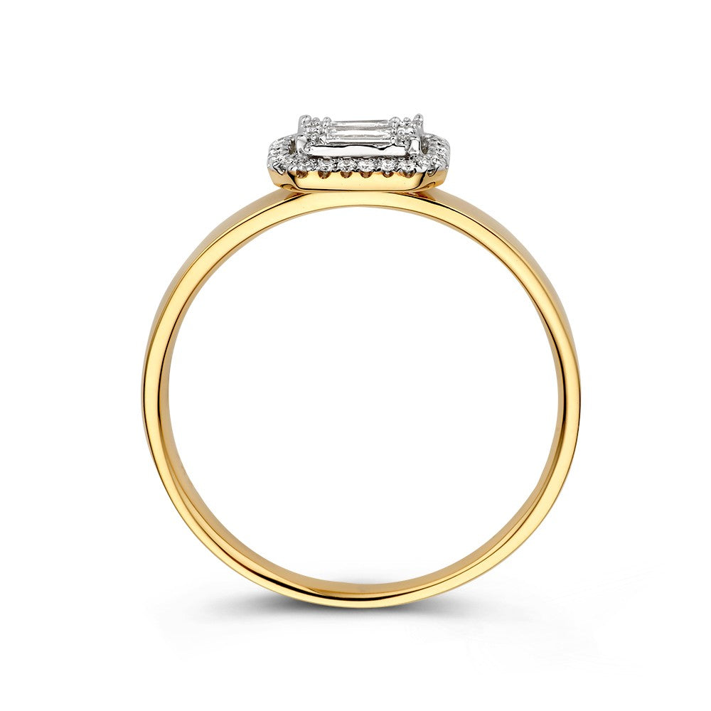 Bague en or bicolore élégante avec diamants brillants et baguette en sertissage invisible 0.20 crt.