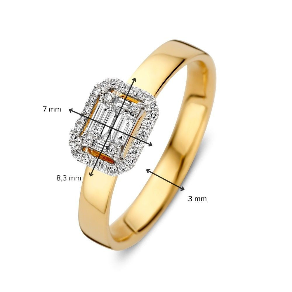 Bague en or bicolore élégante avec diamants brillants et baguette en sertissage invisible 0.20 crt.