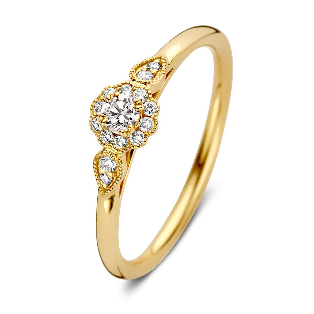 Bague en or jaune délicate avec une pierre centrale en diamant taillée de 0,21 ct et des détails brillants.