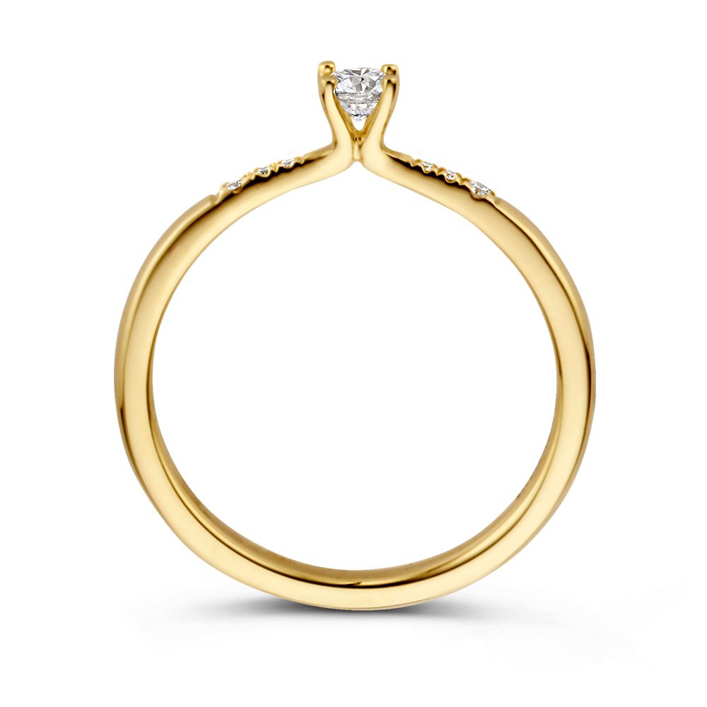 Bague Solitaire Élégante en Or Jaune avec Pierre Précieuse Taillée en Brillant au Centre et Pierres Latérales 0.21 crt.