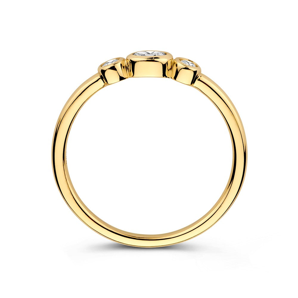 Bague en or jaune 14k avec trois pierres et diamants taille ovale et brillant